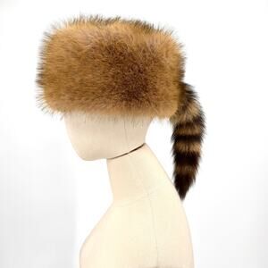 Genuine Raccoon Fur Trapper Hat with Tail